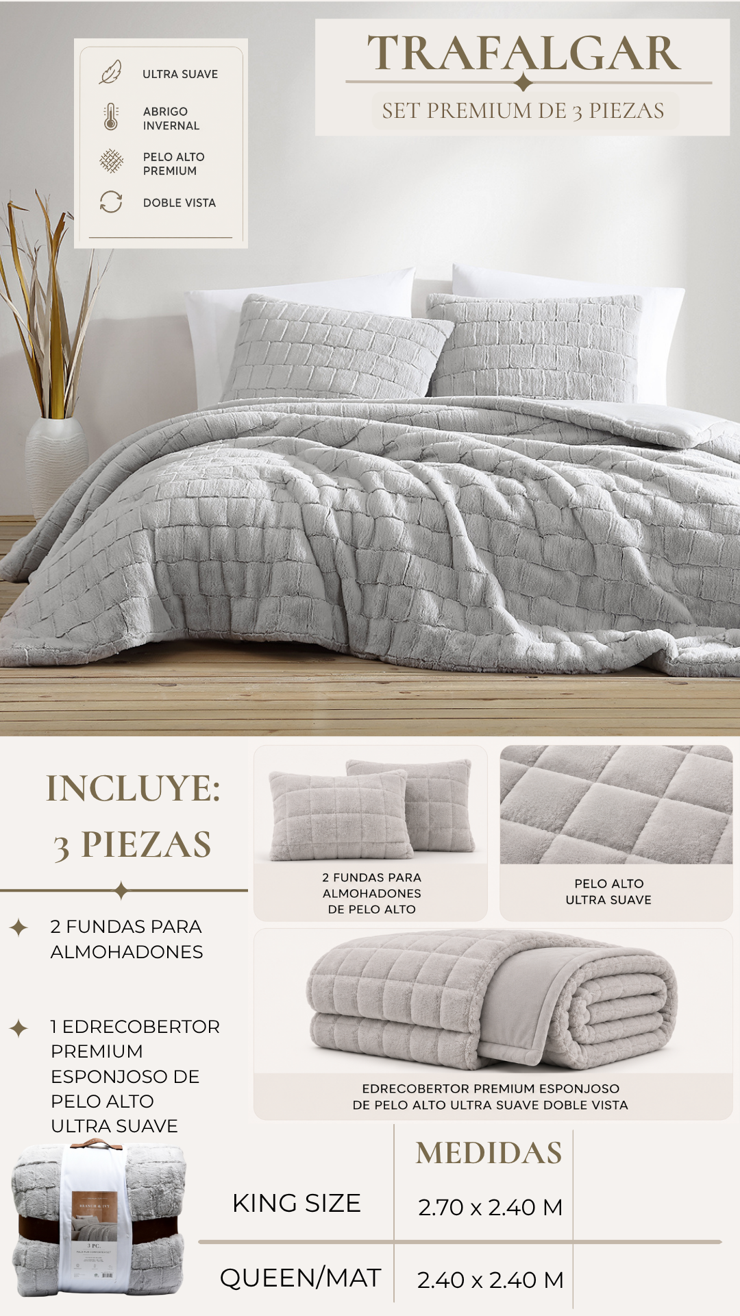Edredón Trafalgar Pelo Alto Mink – Set de 3 Piezas