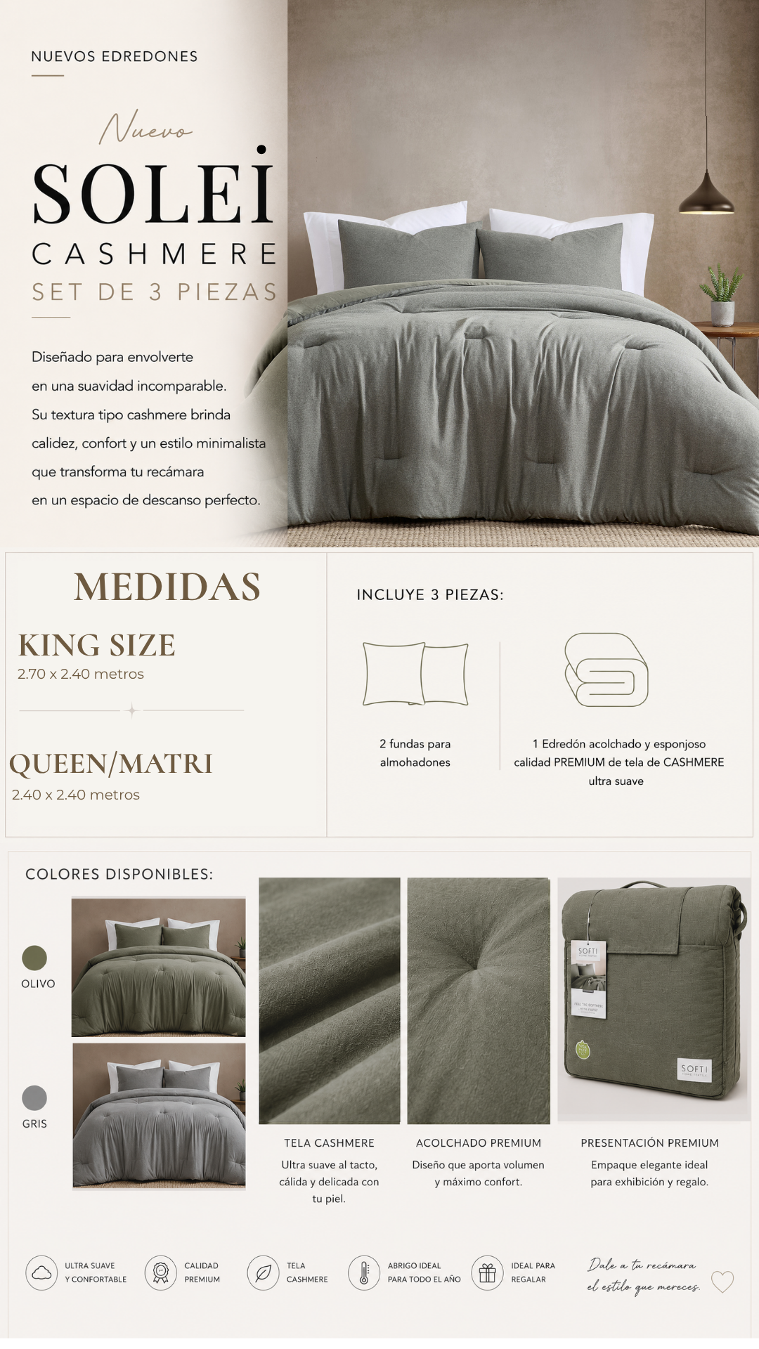 Edredón Solei Cashmere – Set Premium de 3 Piezas