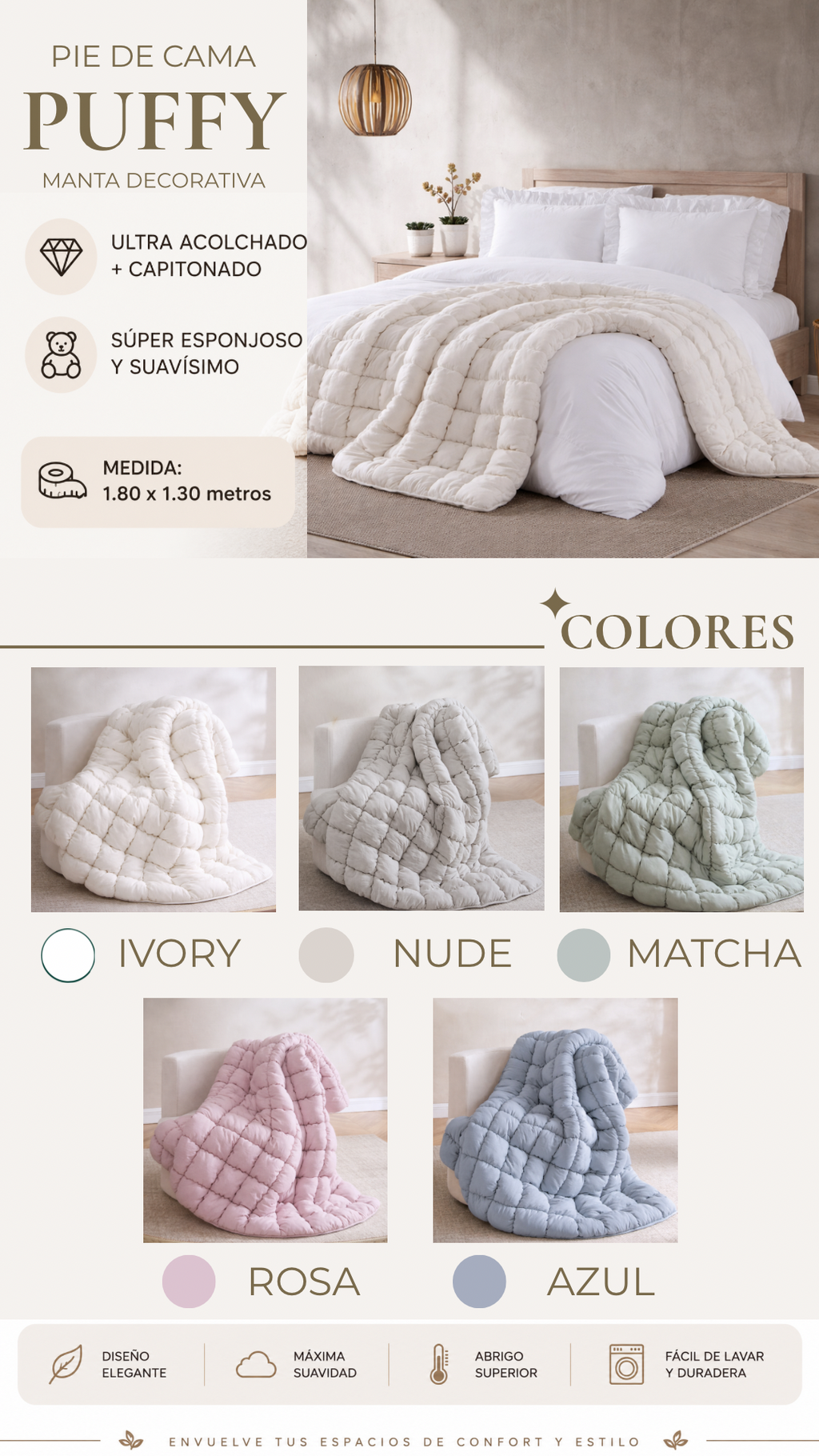 Pie de Cama Puffy – Ultra Acolchado y Capitonado
