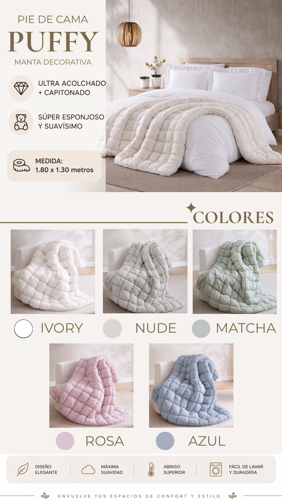 Pie de Cama Puffy – Ultra Acolchado y Capitonado