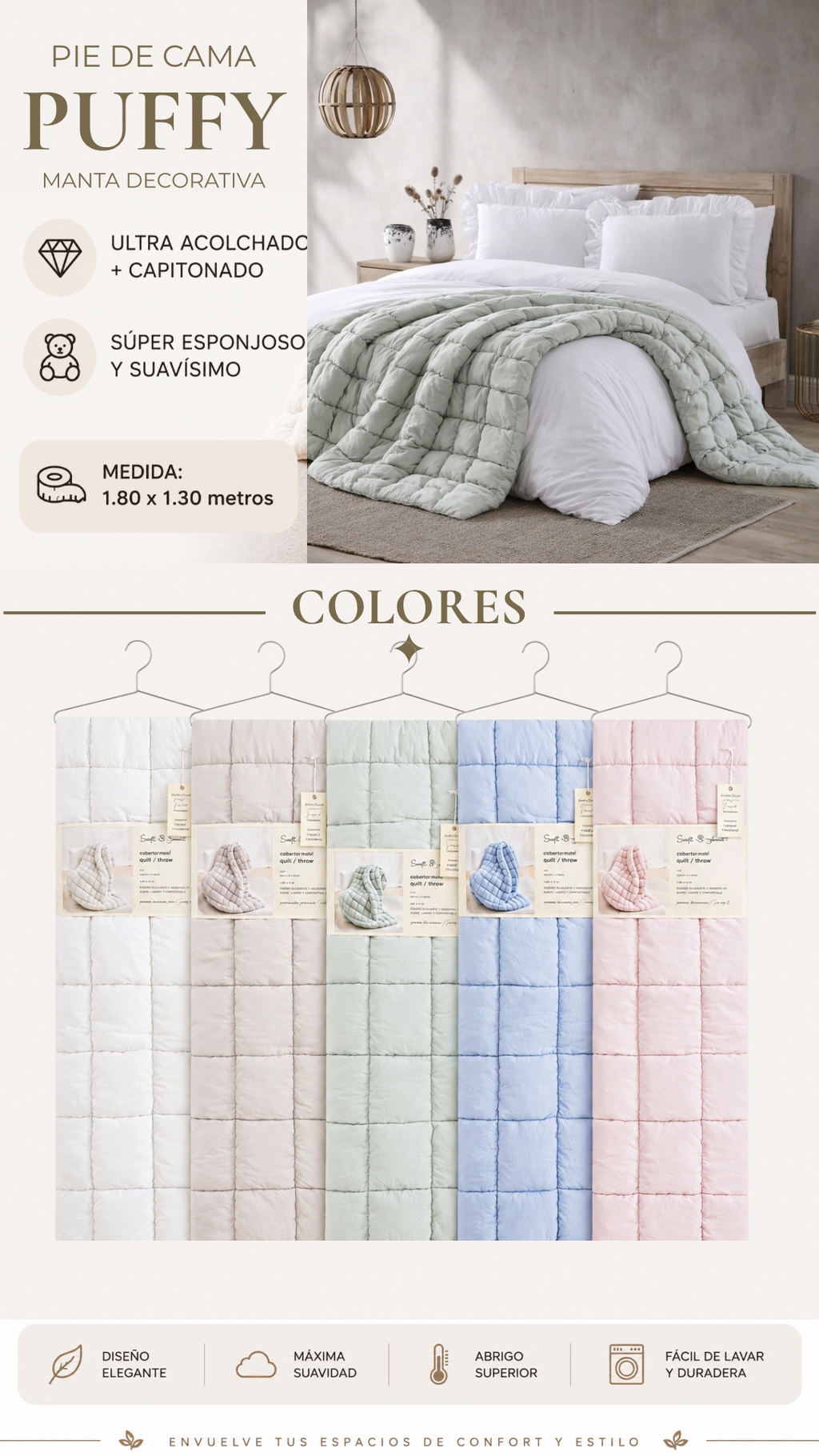 Pie de Cama Puffy – Ultra Acolchado y Capitonado