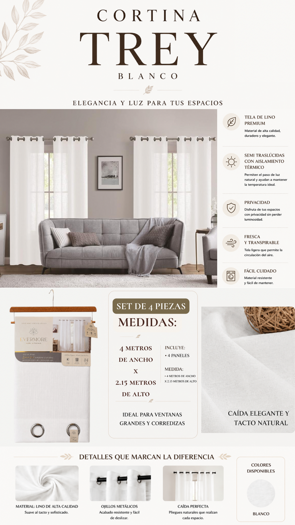 Cortina Trey Lino – Set Premium de 4 Piezas