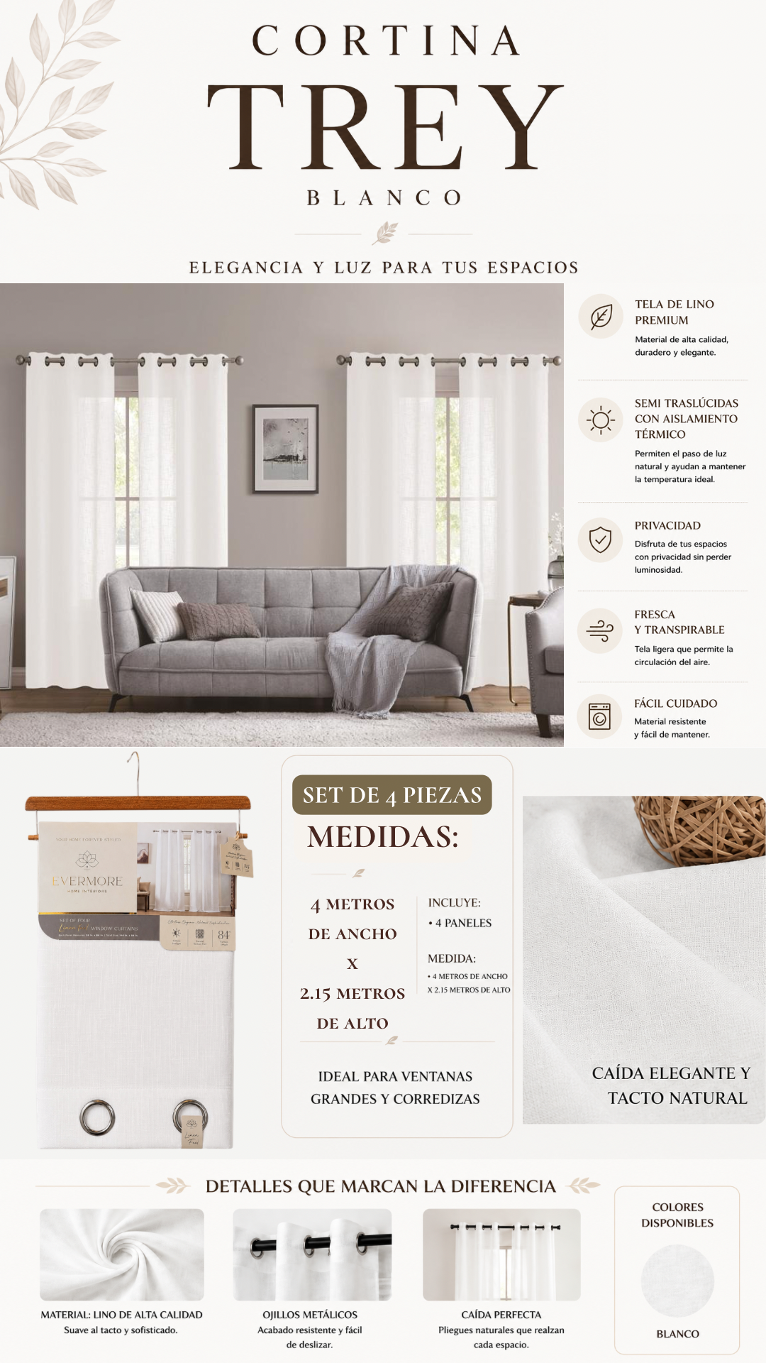 Cortina Trey Lino – Set Premium de 4 Piezas