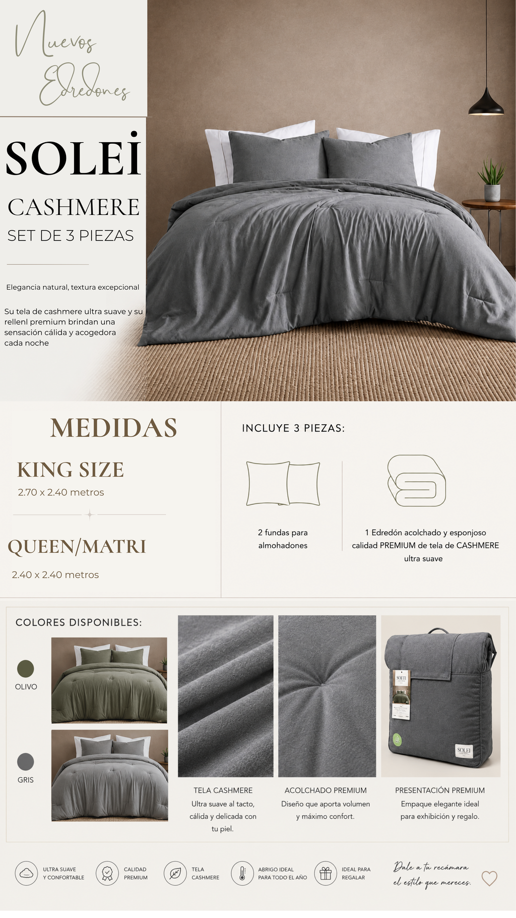 Edredón Solei Cashmere – Set Premium de 3 Piezas