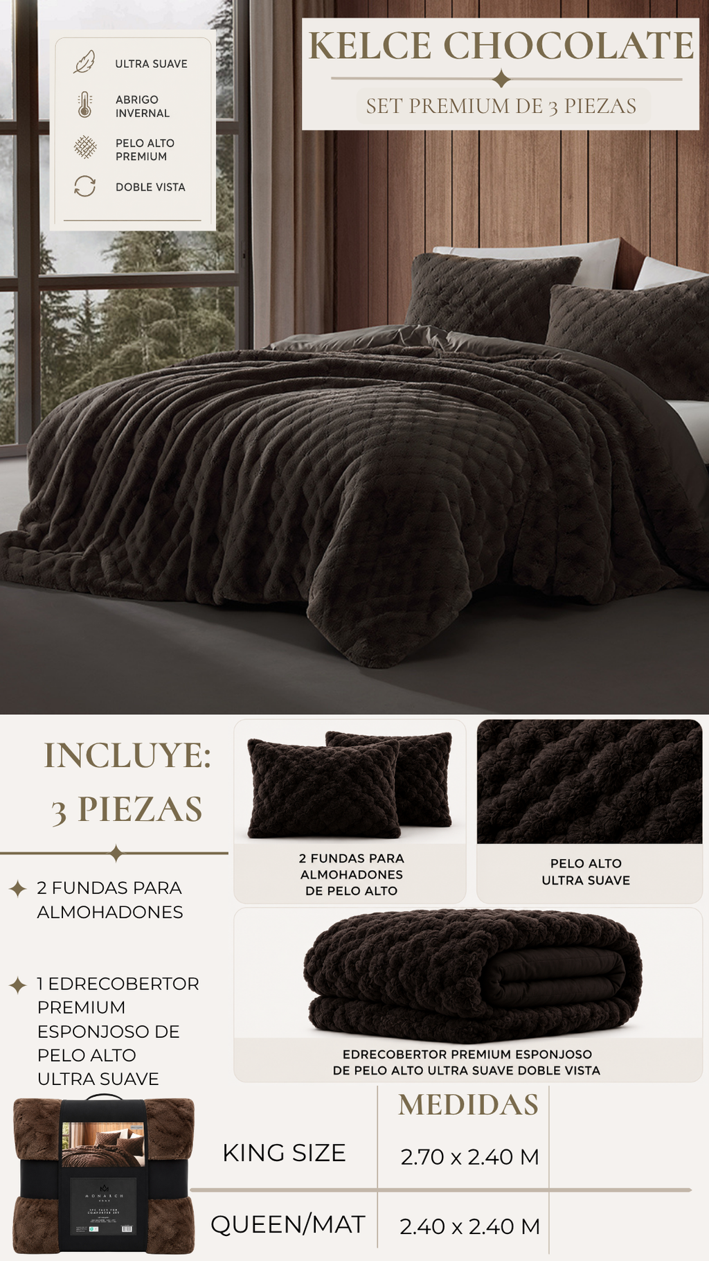 Edredón Kelce Pelo Alto Mink  – Set Premium de 3 Piezas