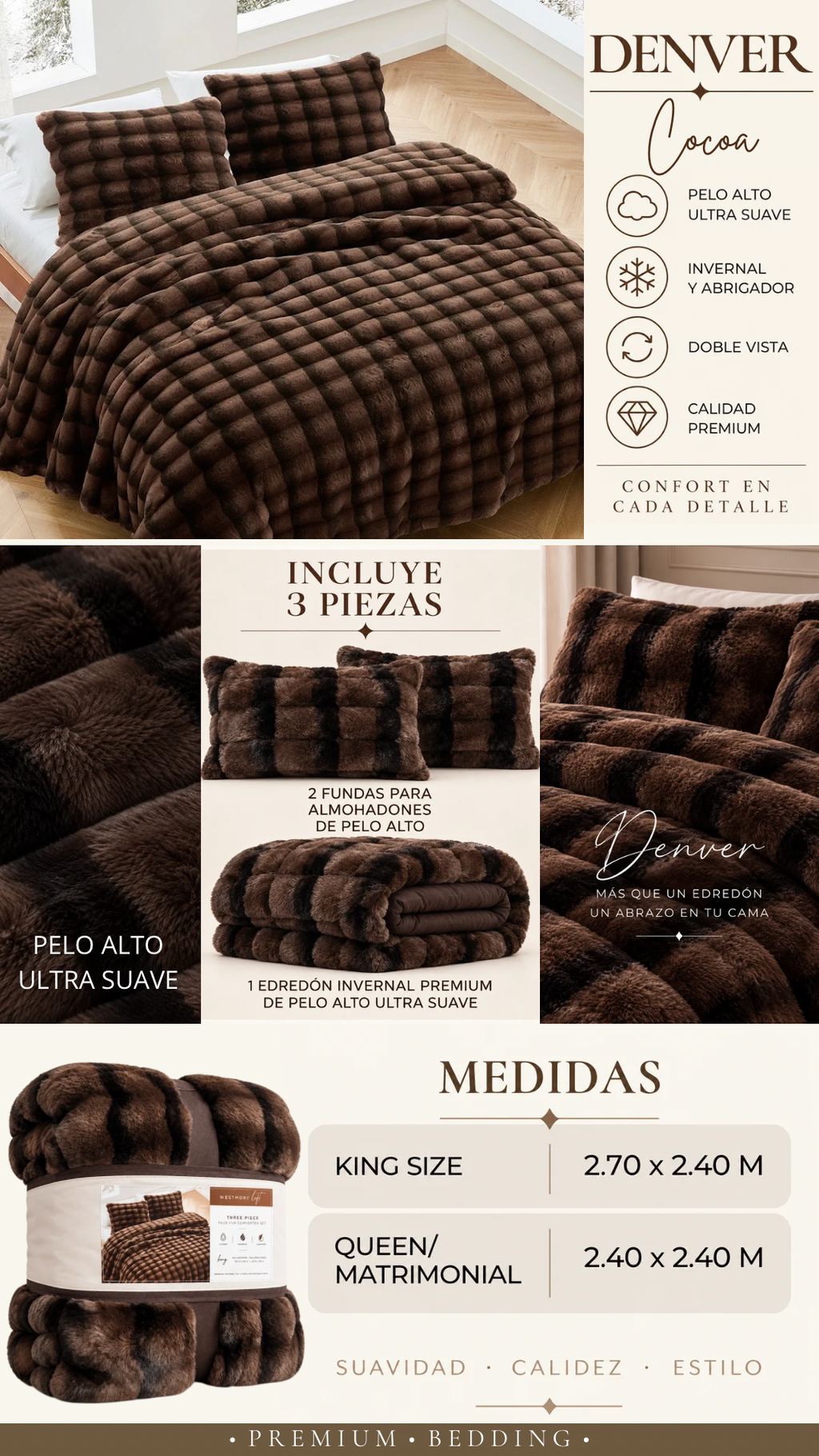 Edredón Denver Pelo Alto Mink Premium – Set de 3 Piezas