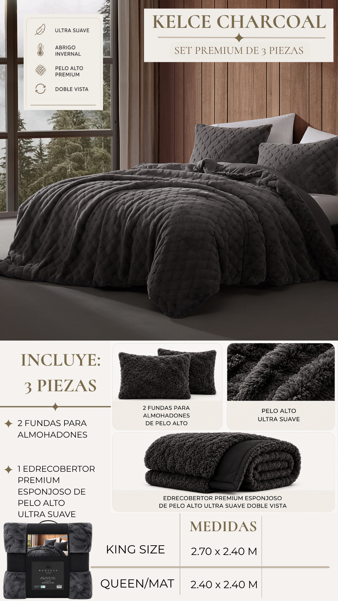 Edredón Kelce Pelo Alto Mink  – Set Premium de 3 Piezas