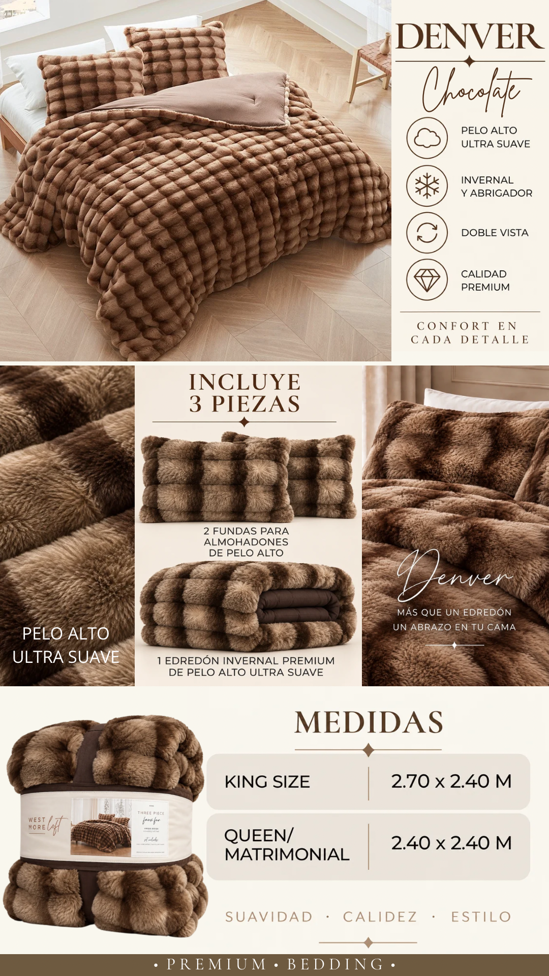 Edredón Denver Pelo Alto Mink Premium – Set de 3 Piezas